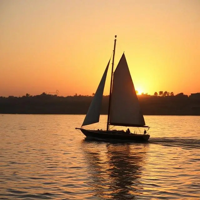 A felucca sailing on the Nile river at sunset.