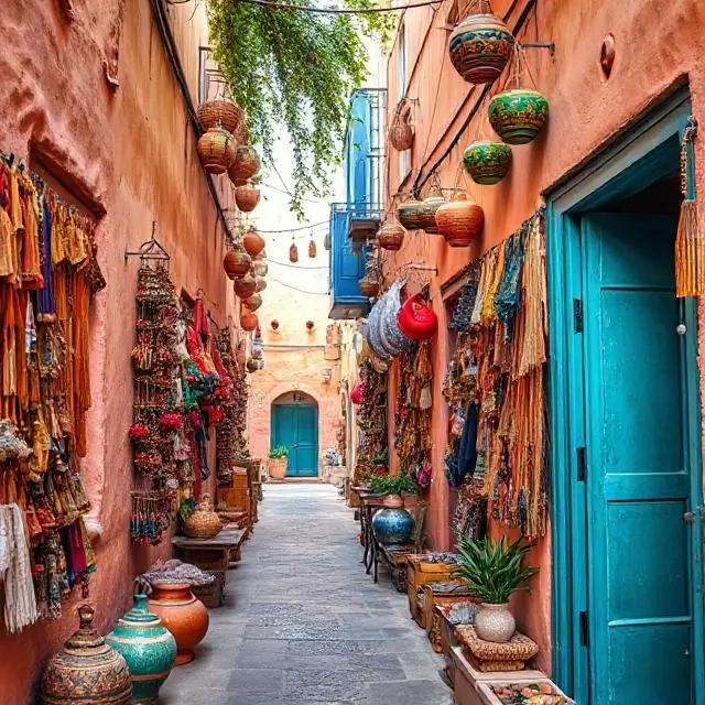 A colorful Moroccan alleyway filled with crafts.