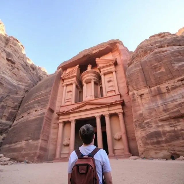 A person looking up at the Monastery in Petra, Jordan.