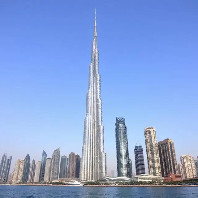 The skyline of Dubai with the Burj Khalifa.